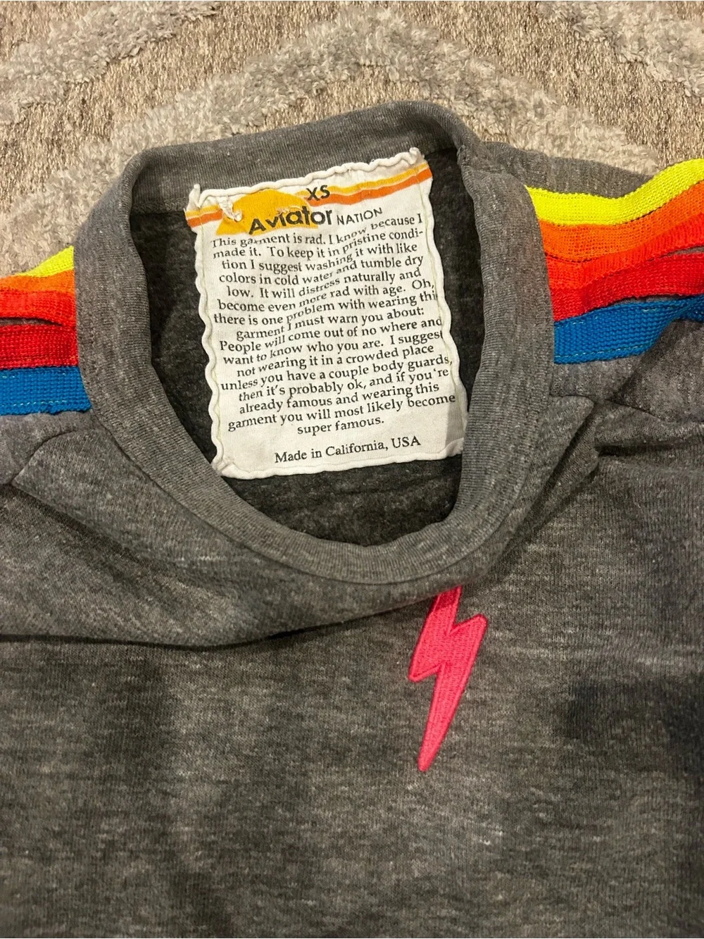 Aviator Nation Women’s cropped Charcoal Crewneck Sweatshirt with neon Stripes